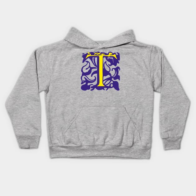 Letter T in yellow with violet ornaments Kids Hoodie by Creative Art Store